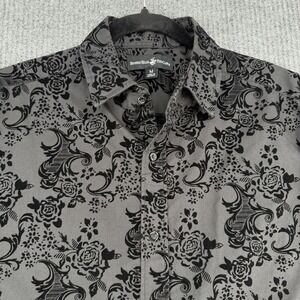 Beverly Hills Polo Club Floral Gothic Button Shirt Mens M Black Velvet Burnout